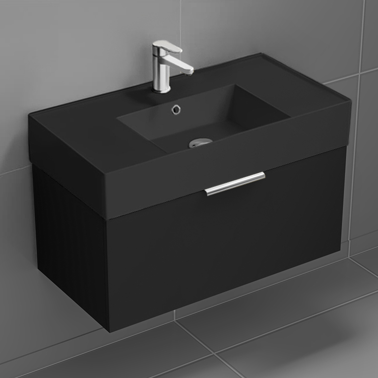 Nameeks DERIN651 Black Bathroom Vanity With Black Sink, Floating, Modern, 32 Inch